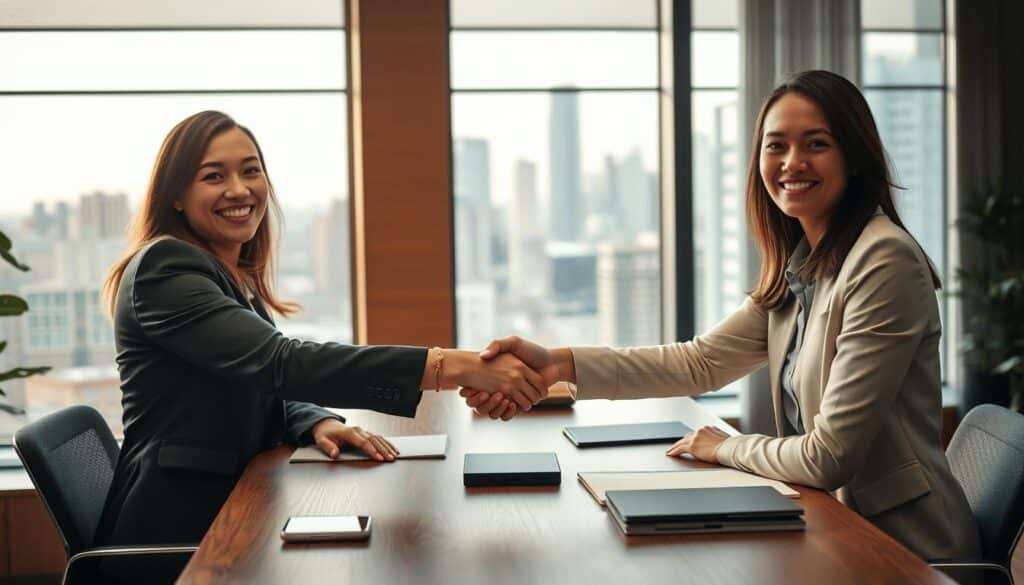 A cozy office setting with two businesspeople shaking hands across a wooden desk, symbolizing the start of a real estate partnership. Soft lighting casts a warm glow, and the background features floor-to-ceiling windows overlooking a bustling city skyline. The expressions on their faces convey trust, excitement, and a sense of new opportunities. The overall mood is one of optimism and the start of a promising professional collaboration.