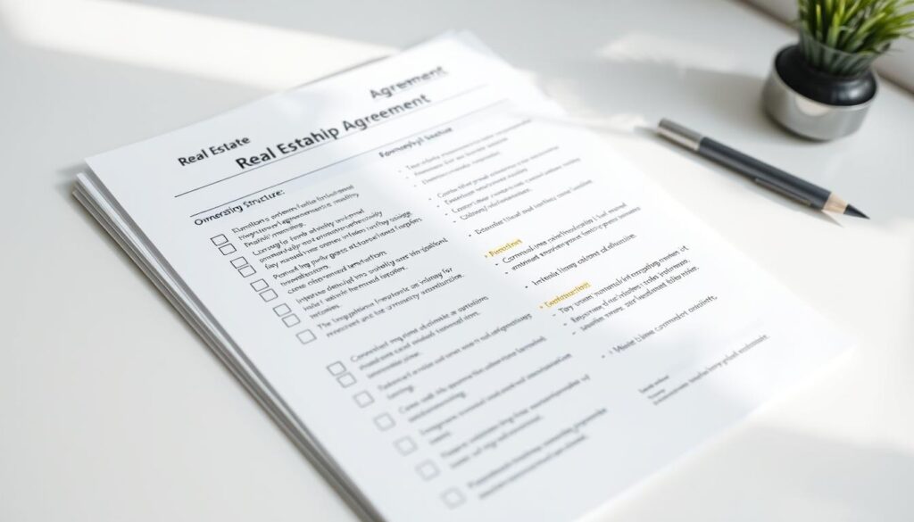 A detailed real estate partnership agreement checklist, displayed on a crisp, clean white desk. The checklist is presented in a clear, organized layout, with bullet points highlighting key elements such as ownership structure, profit/loss allocation, decision-making processes, and dispute resolution. The document is illuminated by soft, natural lighting, creating a professional and authoritative atmosphere. The background is blurred, placing the focus entirely on the checklist, conveying the importance of this legal document in the context of a successful real estate partnership.