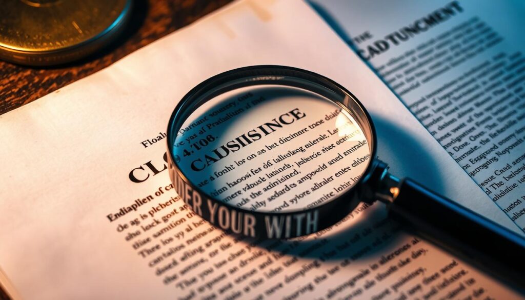 A high-contrast close-up view of legal documents, with a magnifying glass illuminating the fine print. The pages have a weathered, aged appearance, suggesting the weight of their contents. The lighting is a mix of warm ambient tones and cool directed beams, creating depth and highlighting the intricate text. The composition draws the viewer's eye to the key legal terminology, inviting them to decipher the complex wording. The overall mood is one of thoughtful contemplation, hinting at the importance of understanding the nuances within closing paperwork.