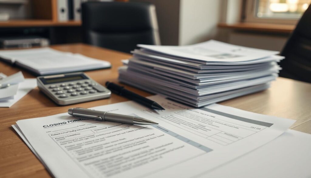 A high-resolution image of an office desk with a stack of closing forms, a pen, and a calculator. The forms are arranged neatly, with clear guidelines and instructions printed on them. The desk is illuminated by a warm, natural light, creating a professional and focused atmosphere. The camera angle is slightly elevated, giving a clear view of the workspace and the attention to detail in the closing forms. The background is blurred, keeping the focus on the desk and the documents, conveying a sense of analytical precision and financial diligence.