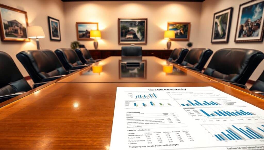 A spacious office interior with warm, natural lighting illuminating a conference table surrounded by comfortable leather chairs. On the table, a financial report showcases a detailed breakdown of tax implications for a real estate partnership, with graphs and charts highlighting the key advantages. The walls are adorned with framed architectural renderings and aerial photographs of Florida properties, reflecting the subject matter. The overall atmosphere is one of professionalism, expertise, and financial acumen, conveying the specialized knowledge required to navigate the tax landscape of real estate partnerships.