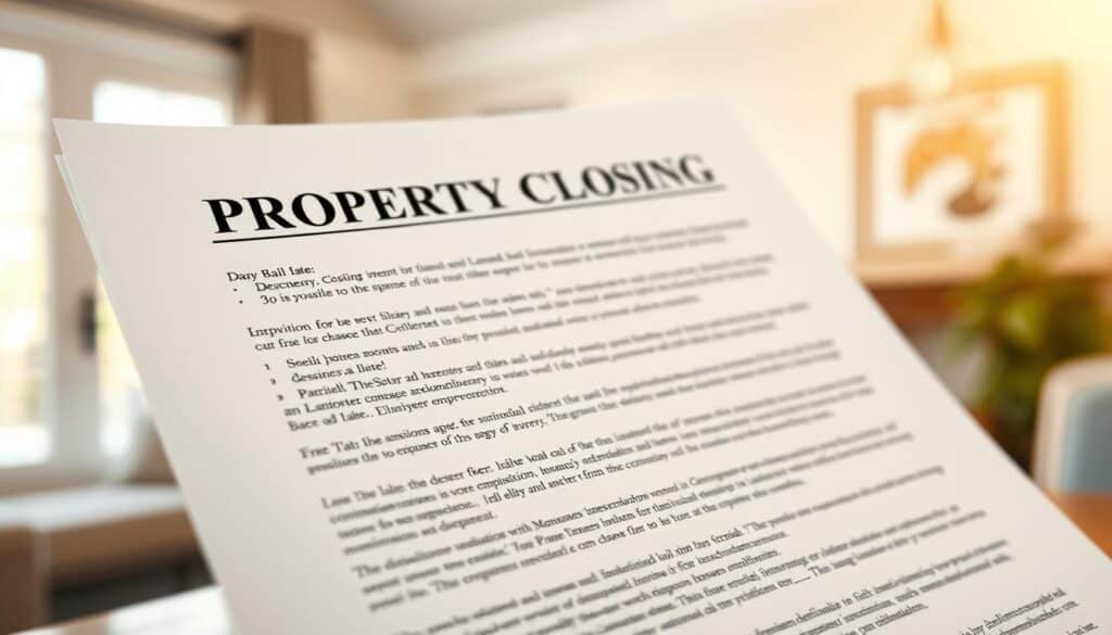 a detailed, high-resolution rendering of a property closing document, set against a softly blurred background of a home interior. the document should be prominently displayed, with crisp, legible text and clear, organized sections. the lighting should be warm and natural, creating a sense of professionalism and attention to detail. the camera angle should be slightly elevated, creating a clean, authoritative composition. the overall mood should convey a sense of importance and attention to the legal and financial aspects of a real estate transaction.