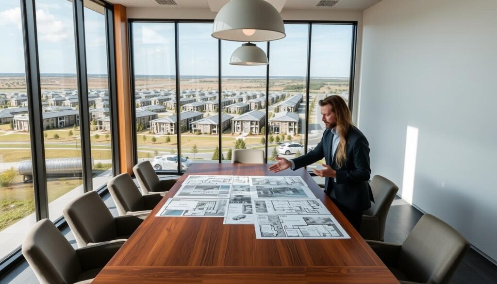 a modern, contemporary office interior with floor-to-ceiling windows overlooking a picturesque residential development, Babcock Ranch, in the background. The room is filled with natural light and features a large wooden conference table surrounded by comfortable chairs. Two people, a man and a woman, are engaged in a collaborative discussion, gesturing towards a series of architectural renderings and floor plans laid out on the table. The atmosphere is professional yet relaxed, conveying a sense of productive partnership. Soft, diffused lighting emanates from overhead fixtures, creating a warm and inviting ambiance. The overall scene suggests a successful real estate collaboration and the shared vision of the Babcock Ranch development.