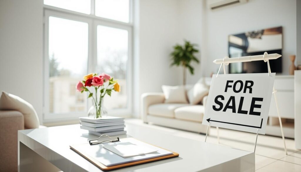 A bright, airy living room with large windows, sun streaming in. On the coffee table, a vase of fresh flowers and a stack of real estate brochures. In the foreground, a realtor's clipboard and a "For Sale" sign propped against the wall, ready for display. The room is meticulously tidy, with neutral decor and minimalist styling to appeal to potential buyers. The mood is one of anticipation and professionalism, setting the stage for a successful property sale.