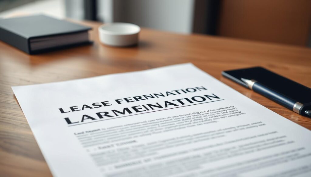 A close-up of a crisp, professional-looking lease termination notice document lying on a sleek, wooden desk. The notice is in focus, with a neutral, muted color palette that conveys a sense of formality and legality. The background is blurred, hinting at a modern office environment with minimal distractions. The lighting is soft and even, creating a sense of clarity and attention to detail. The overall composition and styling suggest the document's importance in the context of selling a tenant-occupied property.