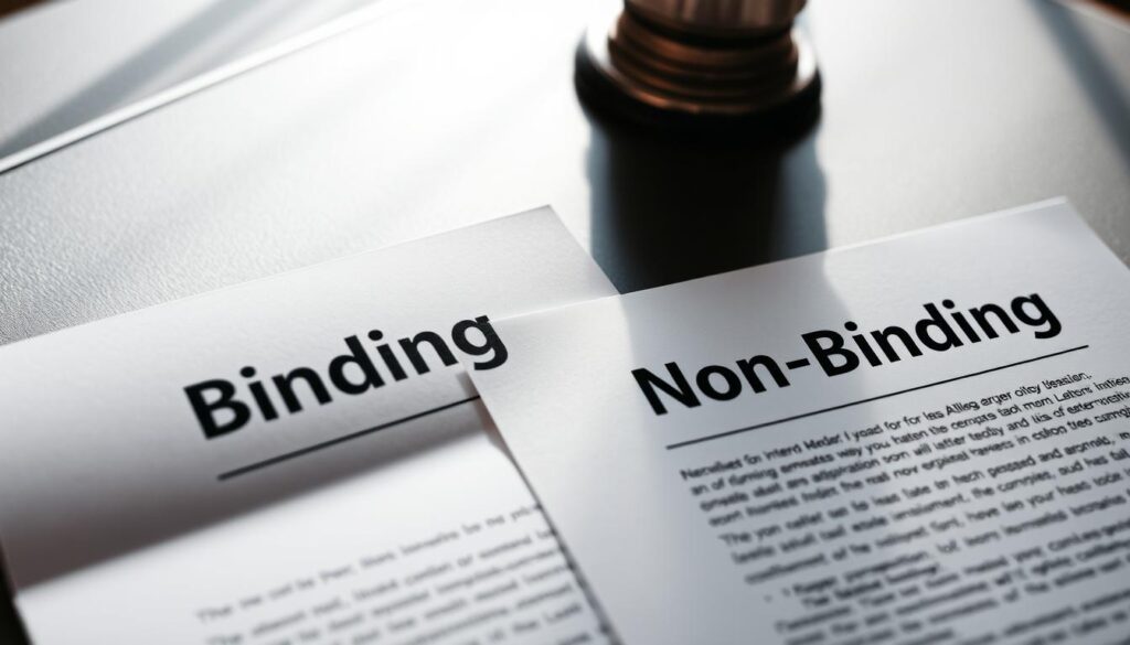 A close-up view of two contrasting legal documents, one marked "Binding" and the other "Non-Binding", resting on a sleek, modern desk. The Binding document is depicted with a sense of formality and solemnity, while the Non-Binding document appears more casual and open-ended. Subtle, directional lighting casts dramatic shadows, emphasizing the distinct nature of these two types of provisions within a Letter of Intent. The background is blurred, keeping the focus on the crucial legal documents and their implications for real estate transactions.