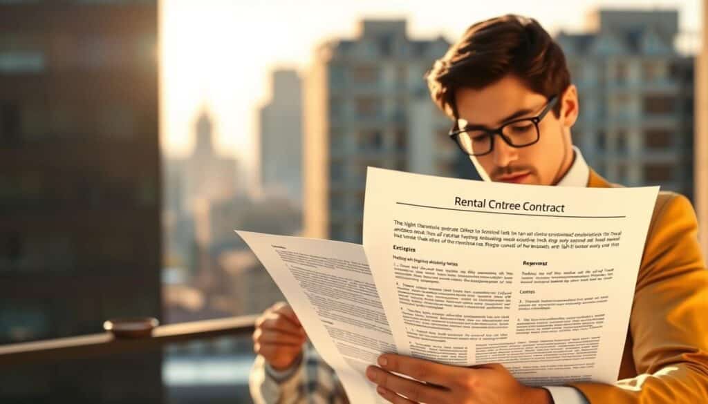 A crisp, minimalist illustration showcasing the key elements of tenant rights and lease agreements. In the foreground, a carefully annotated rental contract with clear, legible text. In the middle ground, a tenant reviewing the contract with a focused, serious expression. The background features a softly blurred cityscape, hinting at the broader legal and social context. Warm, natural lighting casts a sense of authority and professionalism. The overall composition conveys the importance of understanding one's rights and responsibilities as a tenant, set against the urban landscape.