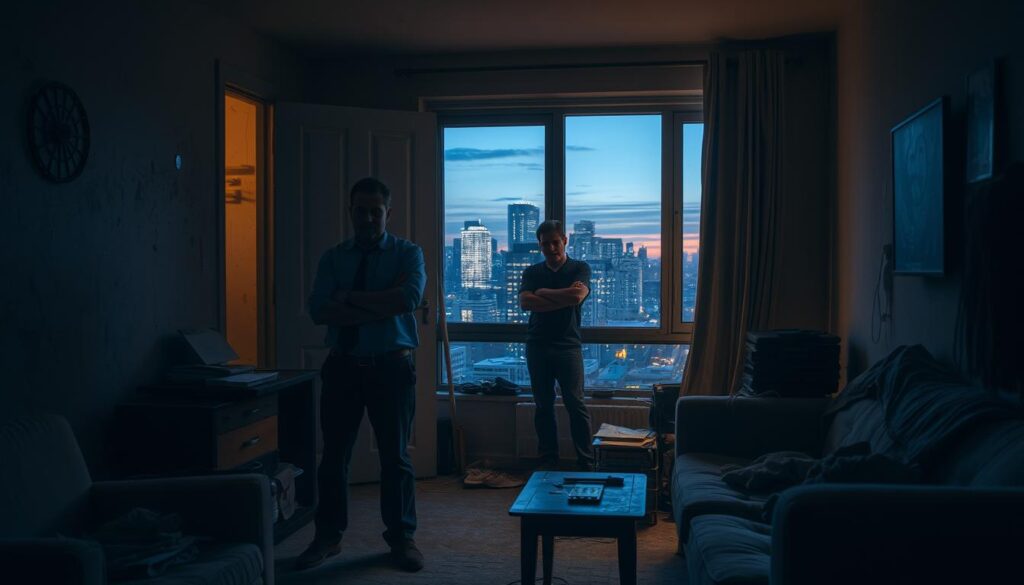 A dimly lit interior of a tenant-occupied apartment, with cluttered furnishings, peeling paint, and a sense of disrepair. In the foreground, a landlord standing in the doorway, arms crossed, expression stern, as a tenant, looking anxious, stands nearby. Through the window, a view of a city skyline at dusk, conveying the urban setting. Soft, warm lighting creates a moody atmosphere, highlighting the tension and challenges of managing a property with tenants. The scene evokes the difficulties of maintaining and selling a tenant-occupied property.