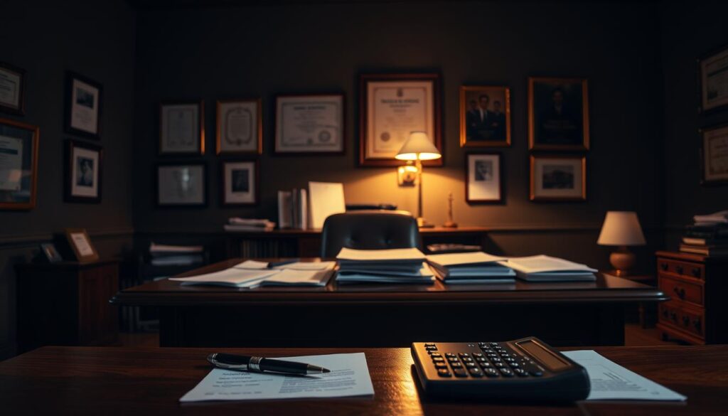 A dimly lit office setting, with a large wooden desk at the center. On the desk, various documents and files are neatly organized, representing the analysis of insurance coverage. The walls are adorned with framed certificates and diplomas, conveying a sense of expertise and authority. Soft, warm lighting from a desk lamp casts a subtle glow, creating a contemplative atmosphere. In the foreground, a pen rests next to a calculator, hinting at the detailed financial calculations involved in the coverage analysis. The overall scene exudes a professional and thoughtful ambiance, reflecting the importance of understanding the benefits and risks of replacement cost coverage in real estate.