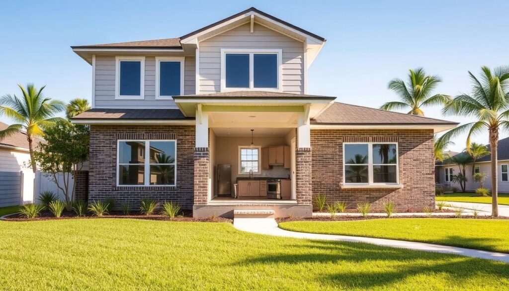A modern two-story rental property in Babcock Ranch, Florida, situated on a well-manicured lot. The front facade features a welcoming porch, brick and siding exterior, and a neatly trimmed lawn. Through the windows, the interior is visible, showcasing a spacious living room and kitchen. Sunlight filters in, creating a warm, inviting atmosphere. In the background, palm trees sway gently, and the clear blue sky suggests a tranquil, subtropical climate. The property appears well-maintained, with attention to detail and curb appeal, providing a visually appealing representation of a rental assessment in this desirable Florida community.