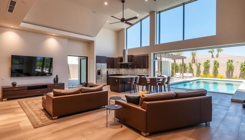 A modern, well-lit interior of a luxury Babcock Ranch rental property, showcasing its premium amenities and stylish decor. The foreground features a spacious living room with plush leather furniture, a large flat-screen TV, and floor-to-ceiling windows providing ample natural light. The middle ground showcases a state-of-the-art kitchen with sleek appliances, granite countertops, and a central island. The background depicts a serene outdoor patio with a swimming pool and lush landscaping, creating a tranquil and inviting atmosphere. The overall composition highlights the property's high-end finishes, abundant space, and seamless indoor-outdoor living, enticing prospective tenants.