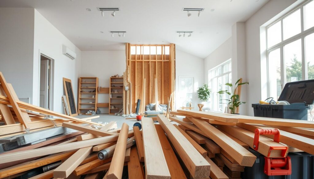 A modern, well-lit interior of a residential property undergoing renovation. In the foreground, a pile of construction materials and tools, including wooden beams, drywall panels, and a toolbox. In the middle ground, a partially demolished wall reveals the home's structure, showcasing the complexity of the reconstruction process. The background features large windows, allowing natural light to flood the space and create a warm, inviting atmosphere. The overall scene conveys a sense of progress and the financial investment required for a successful home reconstruction project.