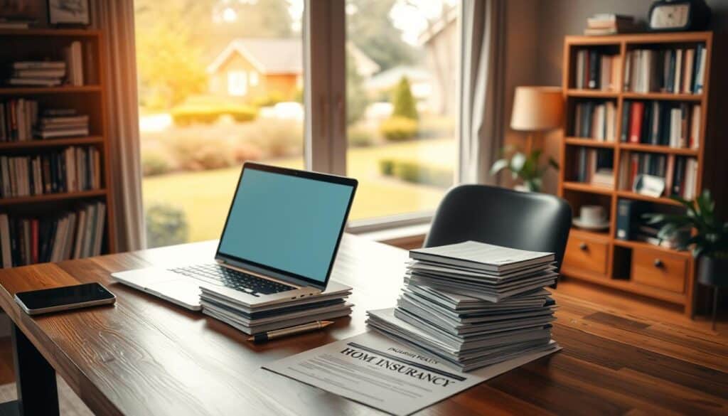 A neatly organized home office with a wooden desk, a laptop, and a stack of documents representing a home insurance policy. Warm, diffused lighting illuminates the scene, creating a cozy and professional atmosphere. In the background, a bookshelf filled with insurance-related literature and a large window overlooking a well-manicured suburban neighborhood. The overall composition conveys a sense of thoughtful consideration and attention to detail when it comes to managing one's home insurance policy.