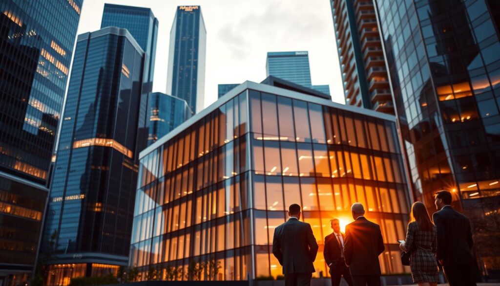A sleek, contemporary office building set against a backdrop of towering skyscrapers, conveying the dynamic and ever-evolving nature of the commercial real estate industry. The building's clean lines, large windows, and modern architectural elements are bathed in warm, golden-hour lighting, creating a sense of prestige and prosperity. In the foreground, a group of suited professionals engaged in discussion, hinting at the complex negotiations and strategic decision-making that shape the multifamily financing landscape. The scene evokes a sense of progress, opportunity, and the constant adaptation required to navigate the evolving trends and challenges of the commercial real estate market.