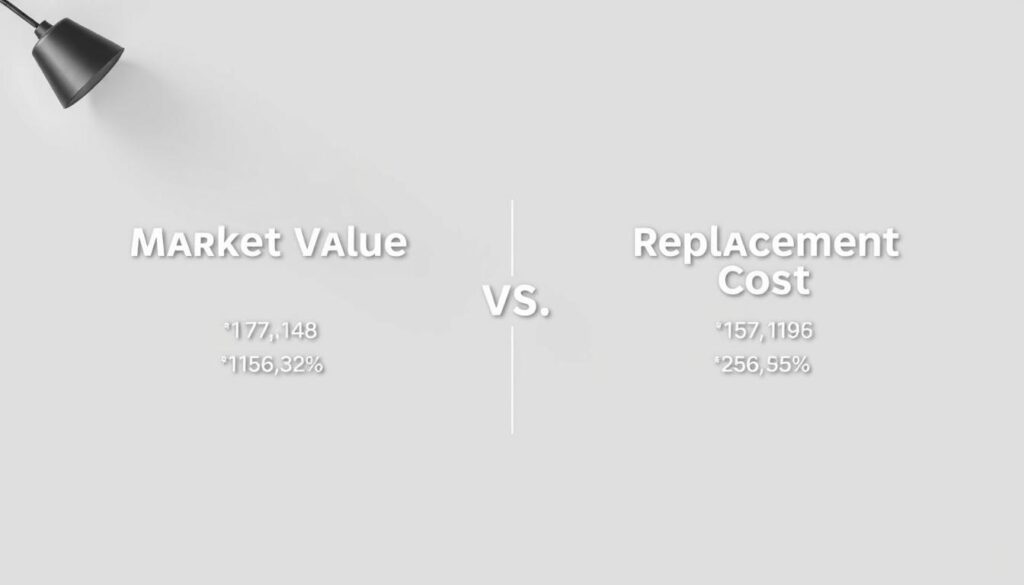 A sleek, minimalist infographic depicting a side-by-side comparison of market value and replacement cost in real estate. The foreground features two clean, symmetrical columns showcasing the key metrics, with precise numerical data and simple icons or graphs to visualize the relationship. The background is a soft, muted gradient in shades of gray, creating a professional, analytical atmosphere. Subtle lighting from the top left casts gentle shadows, adding depth and dimension to the layout. The overall composition is balanced, visually striking, and designed to effectively communicate the nuanced differences between these two important real estate concepts.