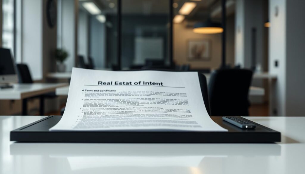 A sleek, minimalist office desk with a sophisticated black and white color scheme. On the desk, a crisp, neatly organized document titled "Real Estate Letter of Intent" lies open, showcasing its clear, concise terms and conditions. The document is highlighted by a soft, directional lighting that casts subtle shadows, conveying a sense of professionalism and attention to detail. The background is a blurred, modern office environment, hinting at the high-stakes world of commercial real estate transactions.