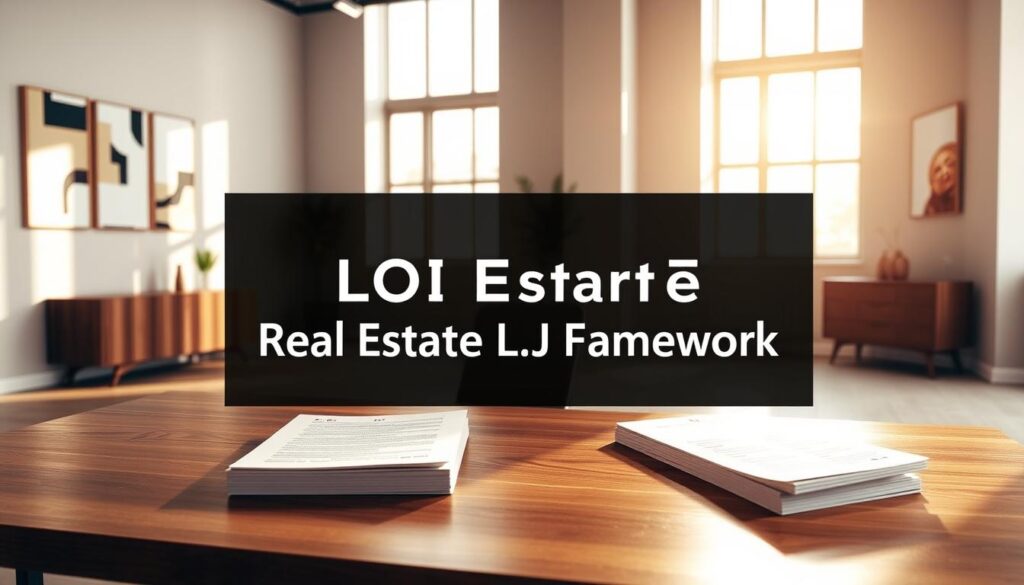 A sleek, minimalist office interior with a large wooden desk, a laptop, and a stack of documents labeled "Real Estate LOI Framework". The room is bathed in warm, natural light filtering through tall windows, creating a professional and inviting atmosphere. The walls are adorned with abstract art pieces, and a potted plant adds a touch of greenery. The overall scene conveys a sense of focus, organization, and attention to detail, perfectly suited for the introductory section on understanding letters of intent in real estate.