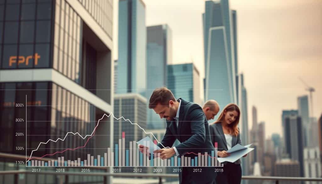 A sleek, modern commercial office building set against a backdrop of a bustling cityscape. The foreground features a graph displaying the impact of rising interest rates on commercial real estate valuations, with lines and bars conveying the data in a clear, infographic-style layout. The middle ground showcases a team of financial analysts poring over documents and charts, their expressions conveying the seriousness of the situation. The background is filled with towering skyscrapers, reflecting the scale and significance of the commercial real estate market. Warm, diffused lighting casts a professional, analytical tone over the scene. The overall composition emphasizes the interconnectedness of interest rates, economic conditions, and the commercial real estate industry.