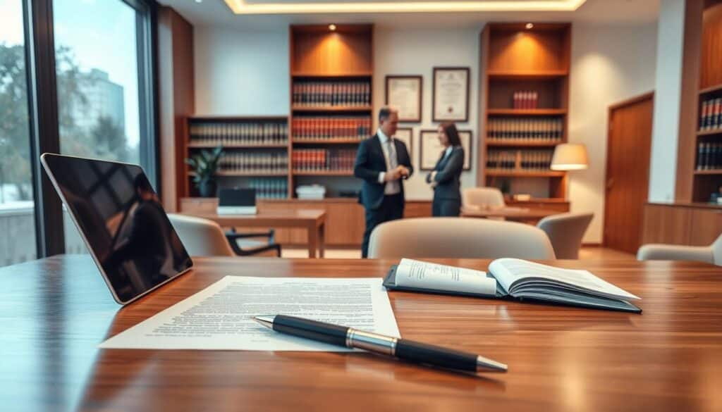 A sleek, modern law office interior with large windows, polished wood furniture, and a clean, professional atmosphere. In the foreground, a wooden desk with a laptop, papers, and a pen, representing the legal considerations and paperwork involved in drafting a Letter of Intent for a real estate transaction. In the middle ground, two business people in suits engaged in a discussion, symbolizing the negotiation process. The background features shelves of law books and framed legal certificates, conveying the expertise and authority required for this task. Soft, warm lighting creates a sense of seriousness and attention to detail.