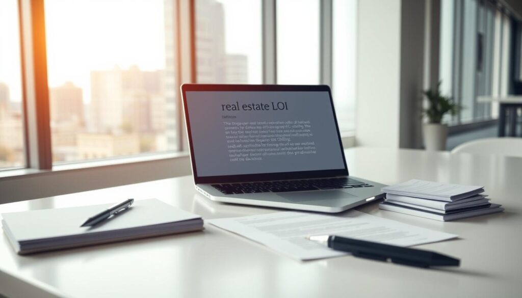 A sleek, modern office desk with a laptop, pen, and papers arranged neatly. On the laptop screen, a detailed definition of "real estate LOI" is displayed, with key terms highlighted. The desk is positioned in a bright, airy room with large windows, letting in natural light that casts a warm, professional glow. The background features a subtle, blurred cityscape, conveying the sense of a thriving real estate market. The overall scene exudes a sense of clarity, focus, and a deep understanding of the subject matter.