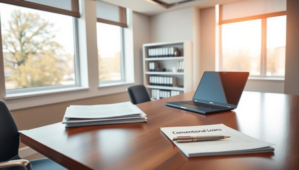 A sleek modern office interior with large windows, bathed in warm natural light. On a polished wooden desk, a laptop, a pen, and a stack of documents labeled "Conventional Loans" are neatly arranged. Behind the desk, a minimalist bookshelf holds financial journals and legal references. The room has a professional, authoritative atmosphere, conveying the expertise and reliability associated with traditional lending options for multifamily property investments.