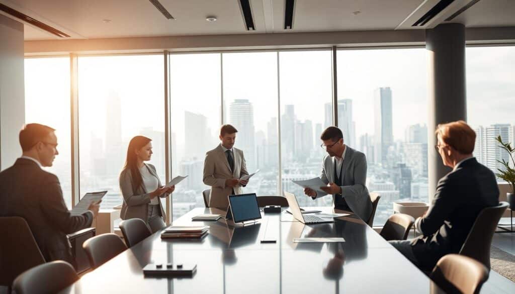 A sleek, modern office interior with large windows overlooking a bustling city skyline. In the foreground, a group of professionals reviewing loan documents and discussing agency financing options for a multi-family property investment. The lighting is soft and natural, casting a warm glow on the scene. In the middle ground, a large conference table with state-of-the-art technology and comfortable chairs, conveying a sense of professionalism and efficiency. The background features minimalist decor and elegant furnishings, creating a sophisticated atmosphere conducive to important financial decisions. An atmosphere of collaborative problem-solving and strategic planning pervades the space.