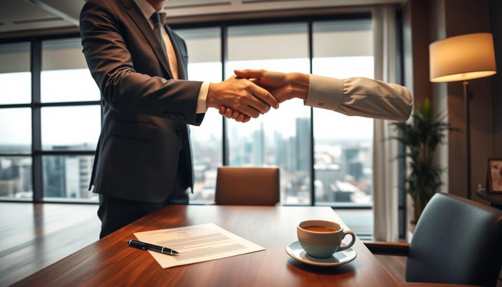 A sophisticated real estate transaction scene set in a warm, welcoming atmosphere. In the foreground, a handshake between two professionals in formal attire, symbolizing the exchange of a signed letter of intent. The middle ground features a wooden desk with a contract, pen, and a cup of coffee, conveying the thoughtful negotiation process. In the background, a panoramic view of a modern city skyline through large windows, hinting at the high-stakes nature of the transaction. Soft, diffused lighting casts a professional, yet slightly contemplative mood over the entire composition. Captured with a wide-angle lens to emphasize the sense of space and importance of the moment.
