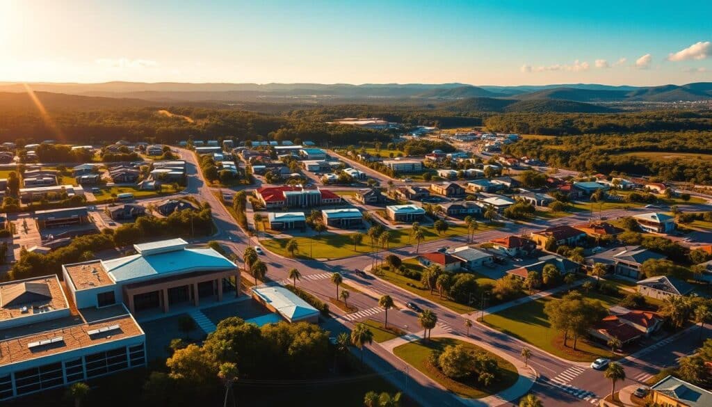 A sun-drenched aerial view of Babcock Ranch, Florida, showcasing the vibrant community and its opportunity zone investments. In the foreground, modern eco-friendly buildings and lush green spaces create an inviting atmosphere. The middle ground features a panoramic view of the town, highlighting its strategic location and transportation links. In the background, the rolling hills and lush forests of the surrounding area provide a scenic backdrop, hinting at the natural beauty and sustainability initiatives that make this an attractive destination for investors. The image is captured with a wide-angle lens, emphasizing the scale and scope of the opportunity zone, with warm, golden lighting that evokes a sense of prosperity and growth.