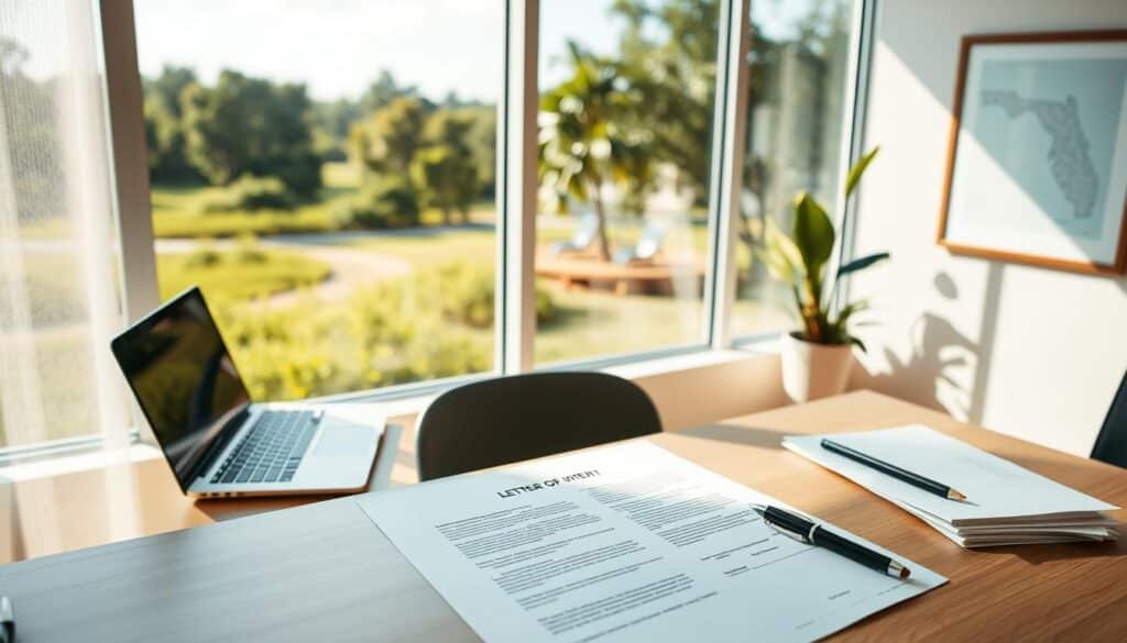 A sun-drenched office in Babcock Ranch, Florida, with a large window overlooking a lush, verdant landscape. On the desk, an open letter of intent form, alongside a laptop, a pen, and a stack of documents. Soft, diffused lighting from the window creates a warm, professional atmosphere, while subtle details like a framed map of the Babcock Ranch community and a potted plant add a sense of place. The focus is on the letter of intent, conveying the importance and seriousness of the real estate transaction process in this thriving Florida community.