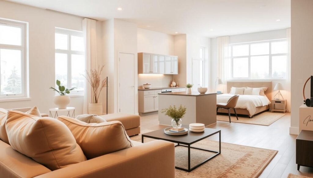A tastefully designed rental property with a neutral color palette that exudes timeless elegance. The foreground features a well-appointed living room with plush, neutral-toned furnishings and subtle accent pieces. The middle ground showcases a modern, minimalist kitchen with clean lines and a monochromatic palette. In the background, a serene bedroom with muted tones and natural textures creates a calming ambiance. Warm, diffused lighting from large windows bathes the space in a soft, inviting glow, highlighting the property's refined aesthetic. The overall atmosphere conveys a sense of tranquility and sophistication, perfectly suited for a discerning tenant seeking a timeless, neutral-toned rental.