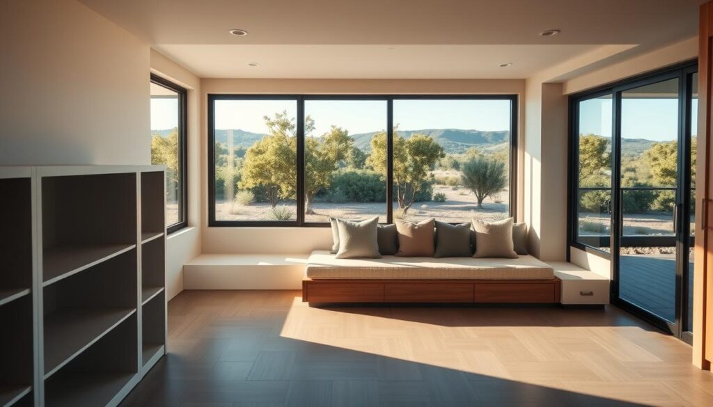 A well-lit and spacious interior of a Babcock Ranch home, showcasing practical storage solutions. In the foreground, a custom-built shelving unit with clean lines and ample space for neatly organized items. The middle ground features a built-in storage bench with plush cushions, providing additional seating and hidden storage beneath. The background depicts large windows overlooking the lush, landscaped Babcock Ranch community, bathing the room in warm, natural light. The overall atmosphere is one of modern, functional design seamlessly integrated into the comfortable, sustainable living experience that Babcock Ranch is known for.