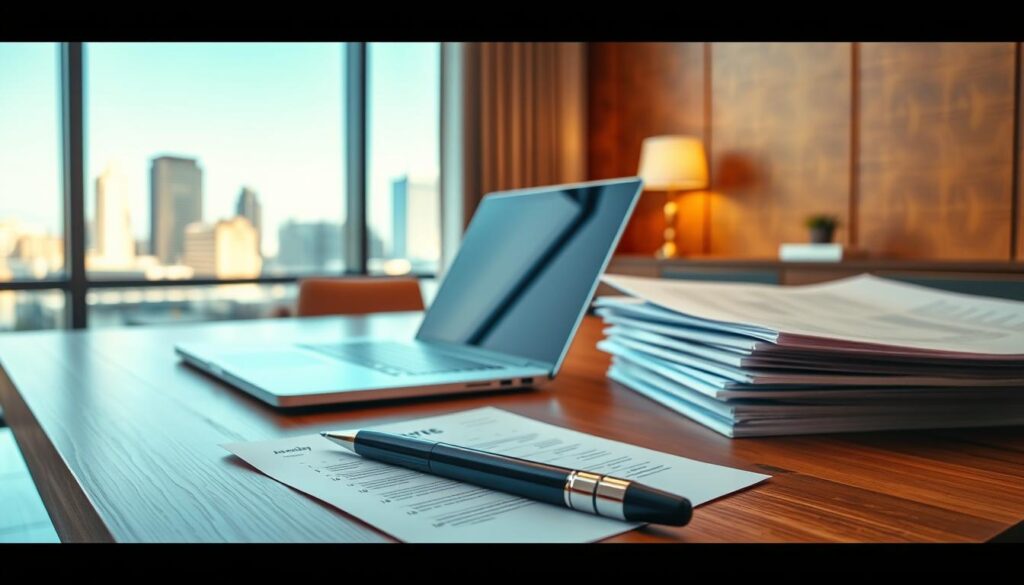A well-lit office interior with a wooden desk, a laptop, and a stack of documents. In the foreground, a pen and a calendar showing the current month. In the background, a window with a view of a cityscape, suggesting the timing and context of a property sale transaction. The lighting is warm and professional, creating a sense of focus and attention to detail. The overall scene conveys the careful consideration of lease terms and the strategic timing of a property sale.