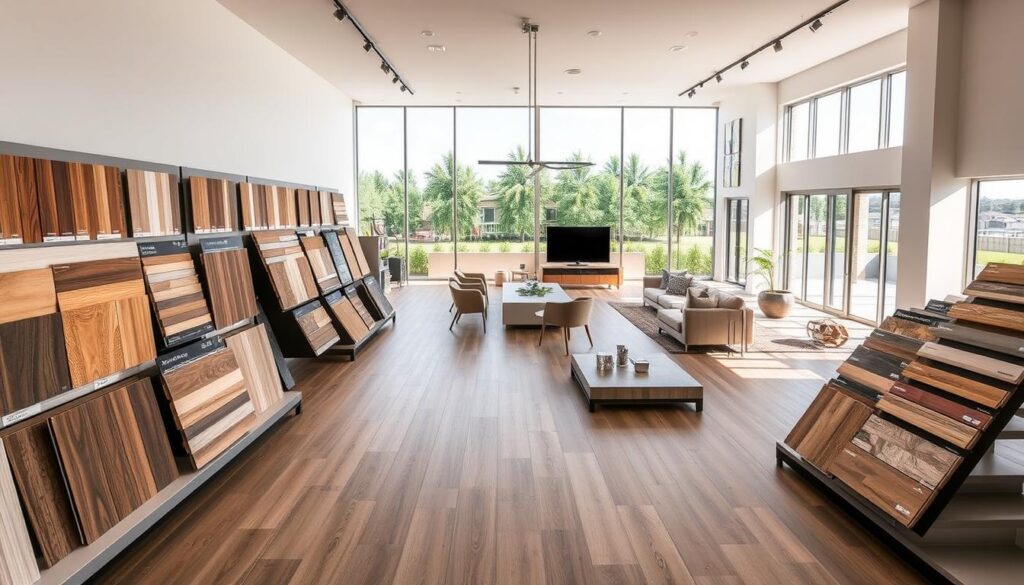 An expansive, well-lit showroom interior showcasing a variety of high-quality flooring options suitable for modern Babcock Ranch homes. The foreground features various hardwood, tile, and luxury vinyl plank samples arranged artfully on display shelves. The middle ground depicts a large open-concept living space with sleek contemporary furniture and abundant natural light filtering in through large windows. The background depicts a serene outdoor scene with lush greenery and a glimpse of the Babcock Ranch community. The overall atmosphere exudes a sense of sophistication, comfort, and attention to detail that would appeal to discerning prospective tenants.