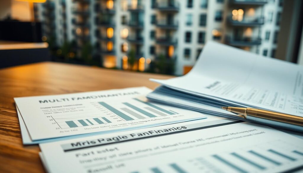 a close-up shot of financial documents, including investment portfolios, mortgage statements, and real estate transaction records, arranged neatly on a wooden desk with a warm, soft lighting illuminating the scene. In the background, a blurred image of a modern multi-family residential building, conveying the connection between financial planning and real estate investment. The composition emphasizes the analytical and strategic nature of multi-family financing, with a sense of professionalism and attention to detail.