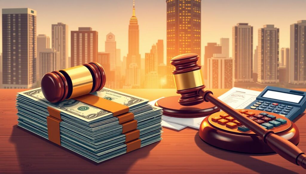 a professional, highly detailed illustration of alternative financing methods for multi-family properties, such as hard money and bridge loans. In the foreground, a stack of dollar bills and a gavel, representing the lending process. In the middle ground, financial documents and a calculator, symbolizing the analytical aspects. In the background, a cityscape with high-rise buildings, conveying the real estate investment context. The scene is illuminated by warm, directional lighting, creating a sense of professionalism and authority. The overall mood is one of a sophisticated, well-researched financial solution for complex property investments.