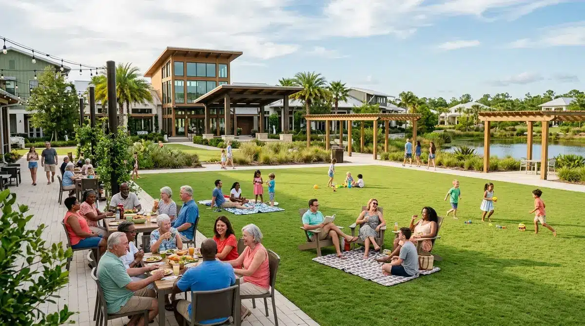 Residents enjoying a sunny afternoon at Founder's Square in Babcock Ranch
