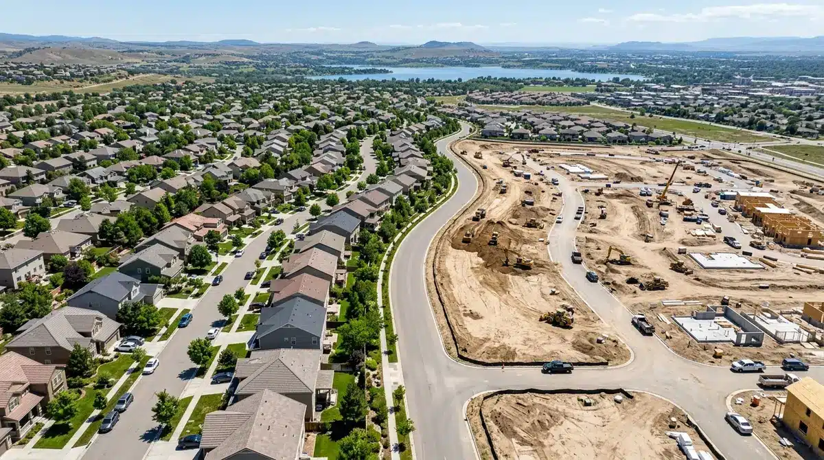 Aerial view showing the contrast between finished neighborhoods and active construction zones
