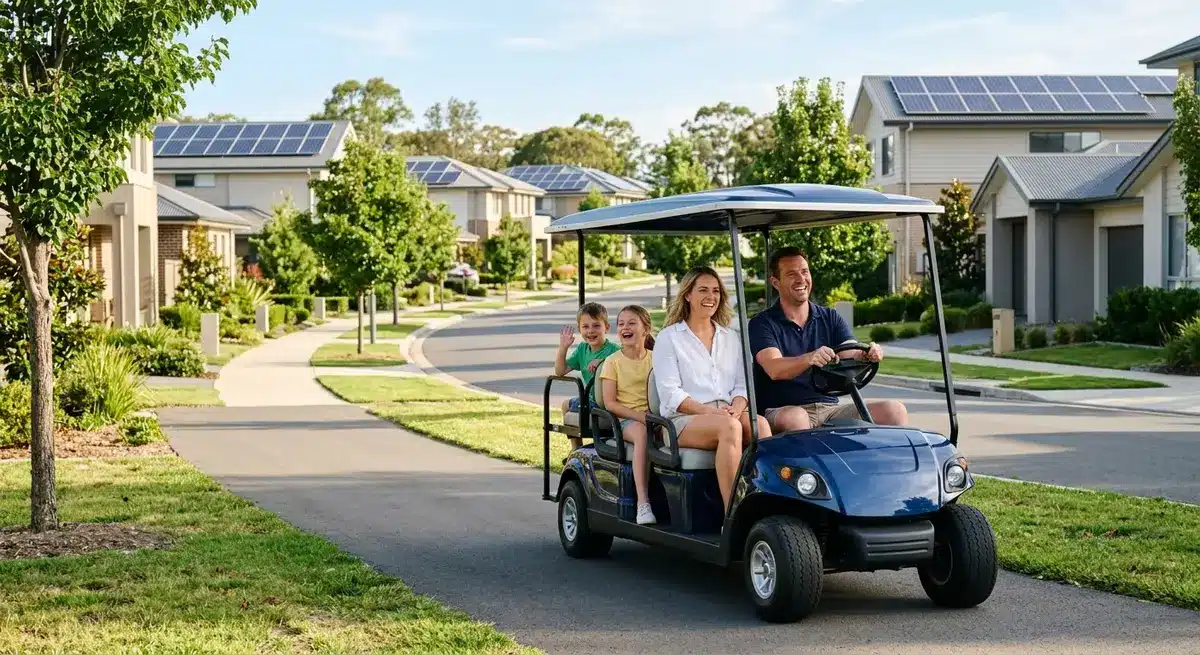 A family riding a golf cart through a solar-powered neighborhood