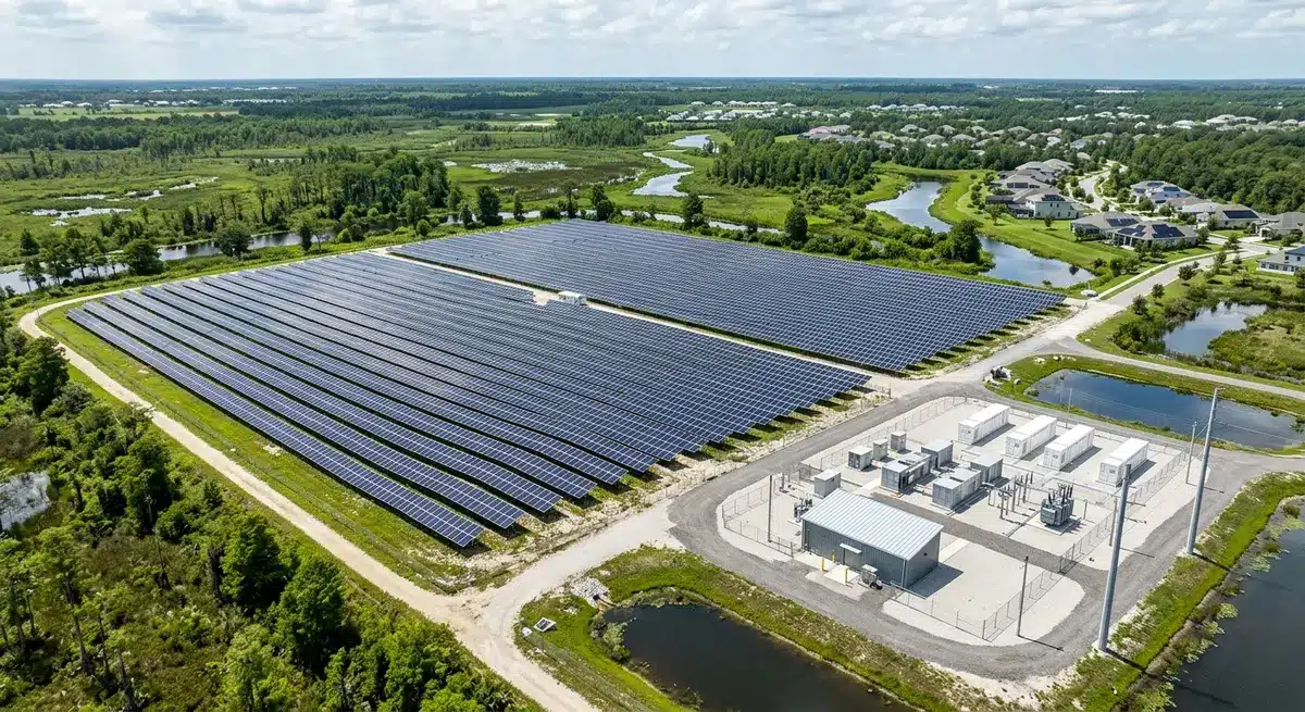 Aerial view of the Babcock Ranch solar energy center and microgrid infrastructure