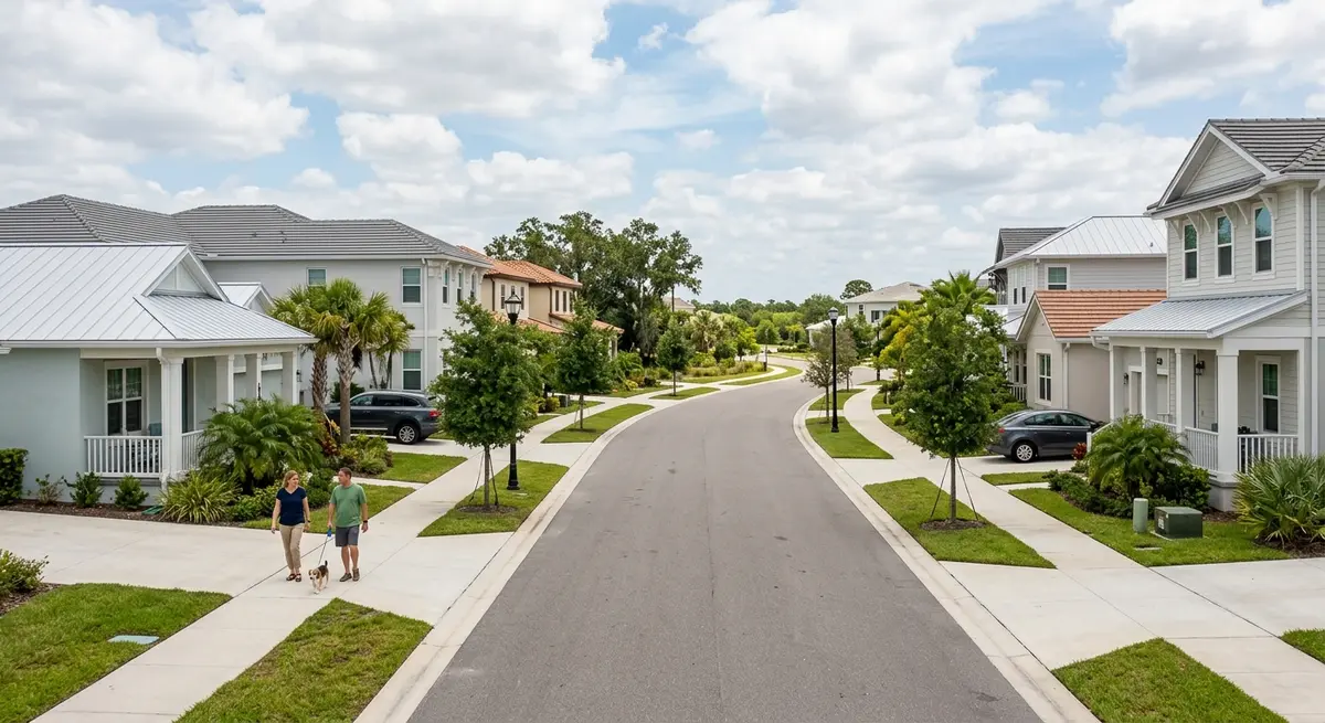 Street view of a hurricane-resistant neighborhood in Babcock Ranch Florida
