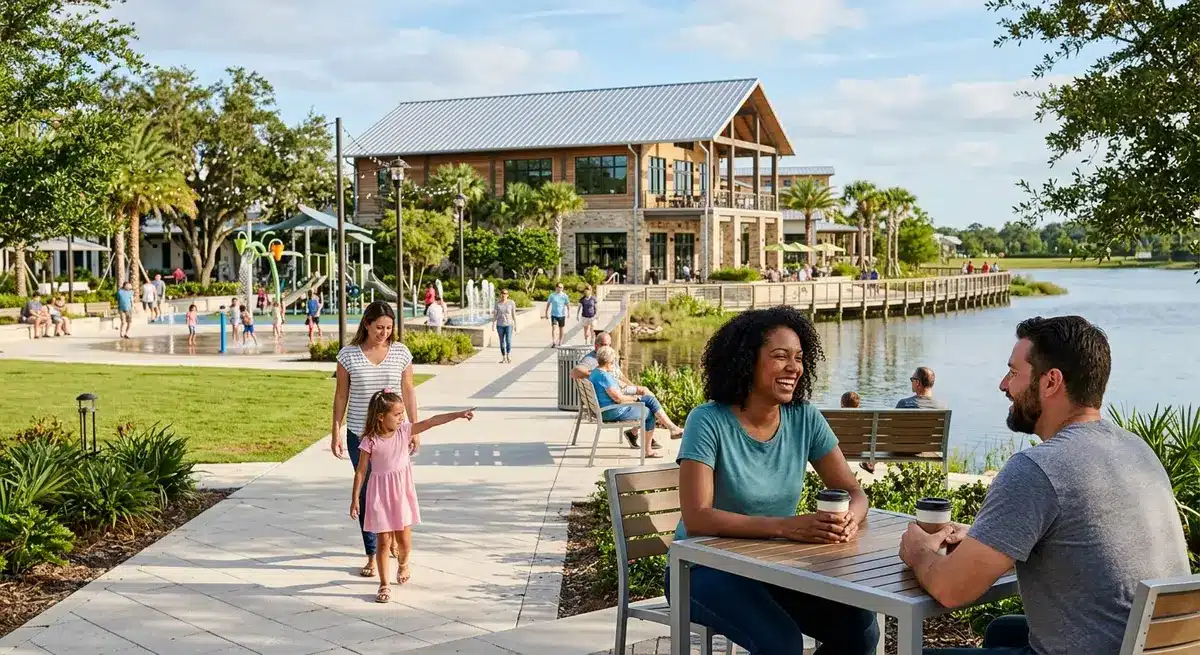 Residents enjoying the amenities at Founder's Square in downtown Babcock Ranch