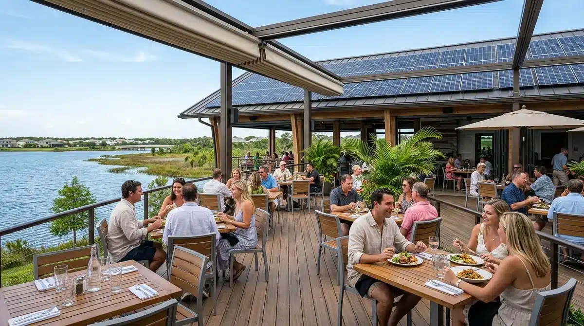 Outdoor patio dining at Table and Tap overlooking Lake Babcock with solar panels visible on the roof