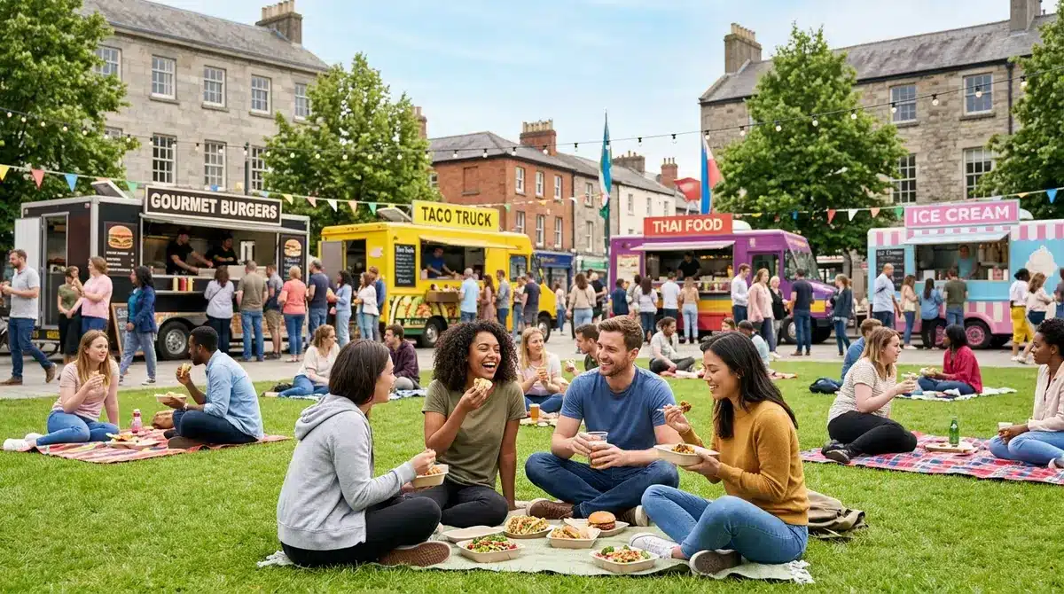 A vibrant food truck festival in the central square with residents enjoying meals on the green lawn