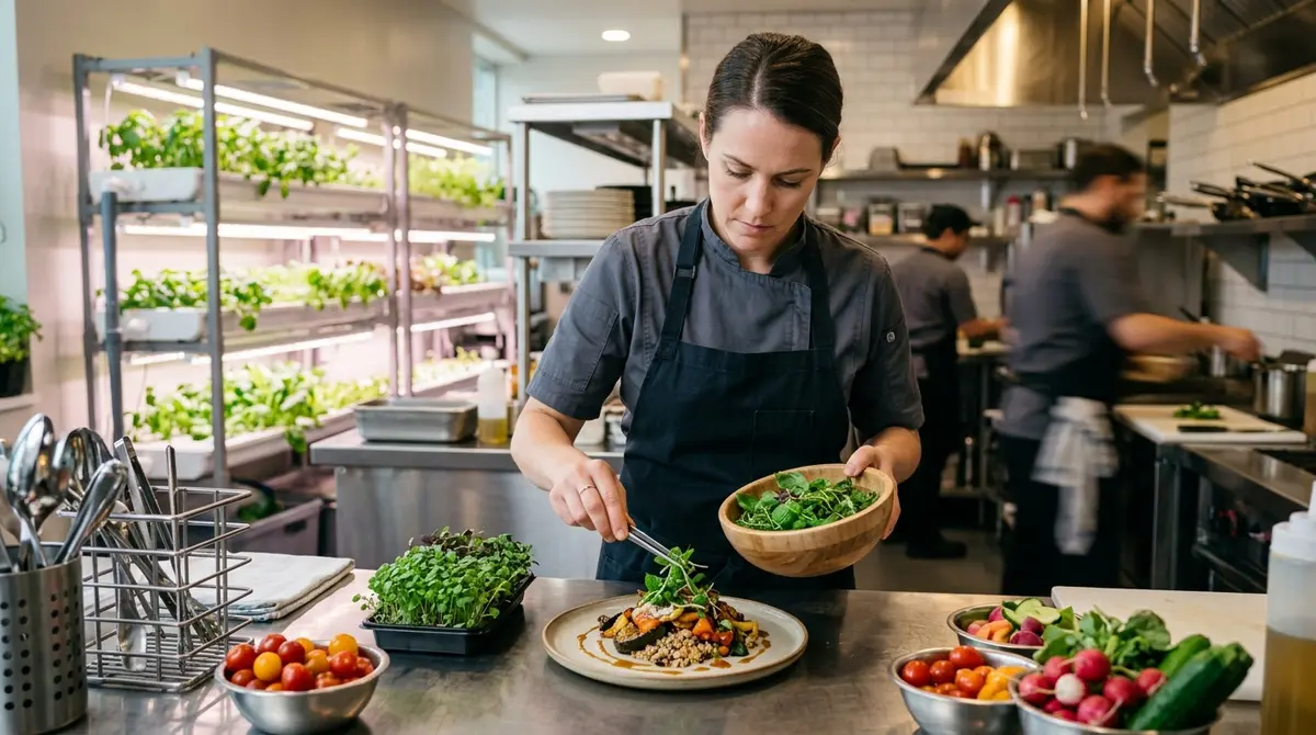 Chef preparing a farm-to-table meal using fresh hydroponic greens in a modern commercial kitchen