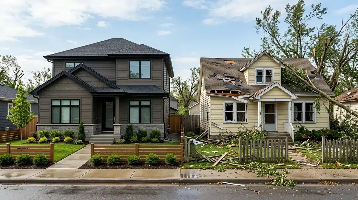 Comparison of a traditional home with storm damage versus an intact resilient home