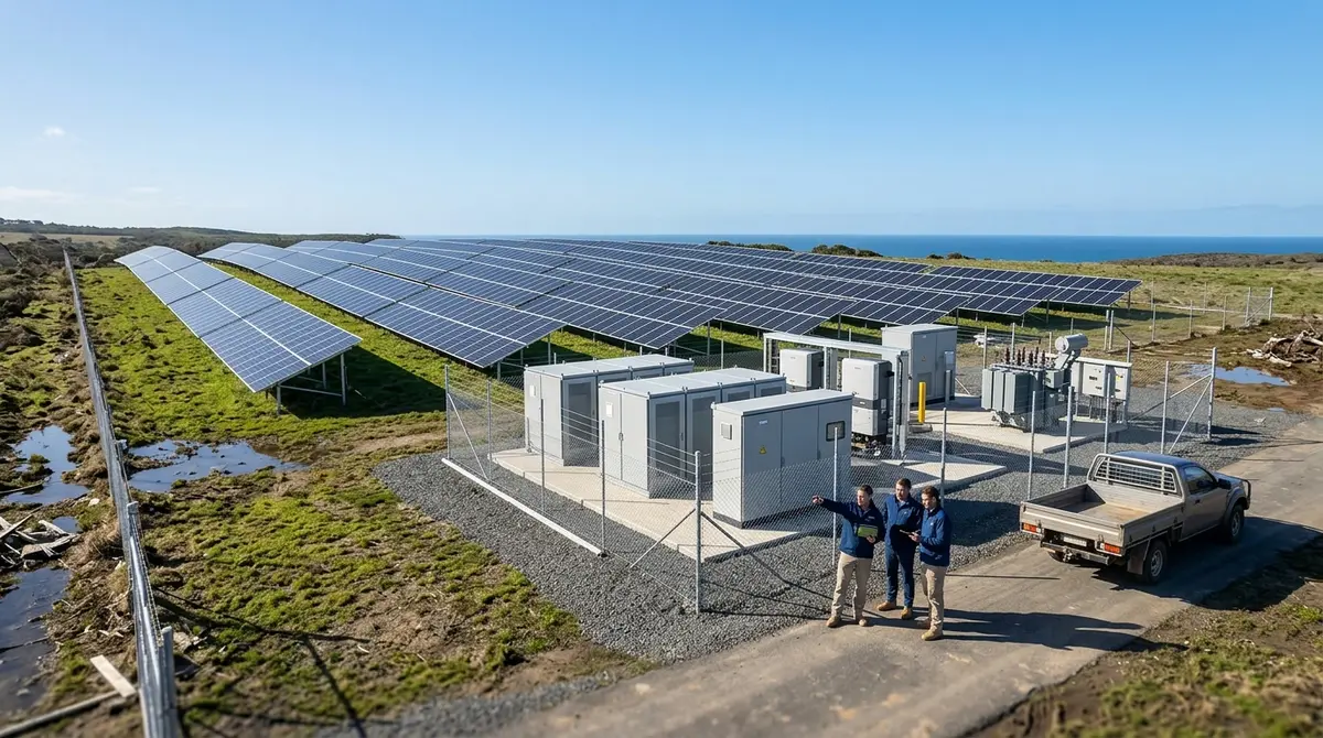 Solar panels and a microgrid facility remaining intact after a severe weather event