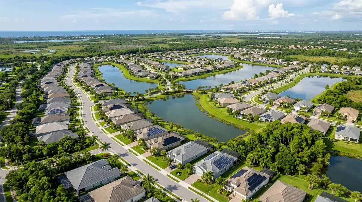 Aerial view of a Florida community with interconnected retention lakes and solar panels on roofs
