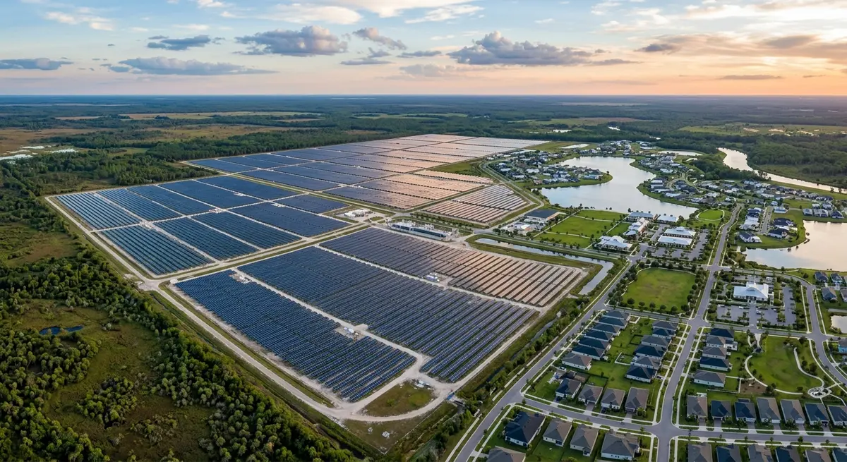 Aerial view of the solar panel fields powering the Babcock Ranch community in Florida