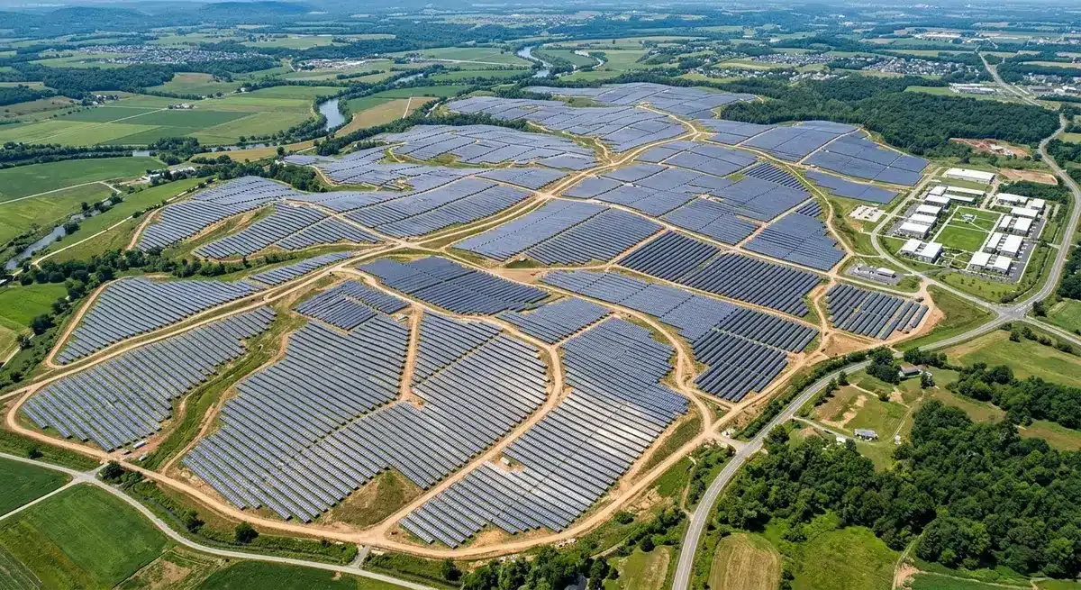 Aerial view of the 870-acre solar panel field powering the sustainable community