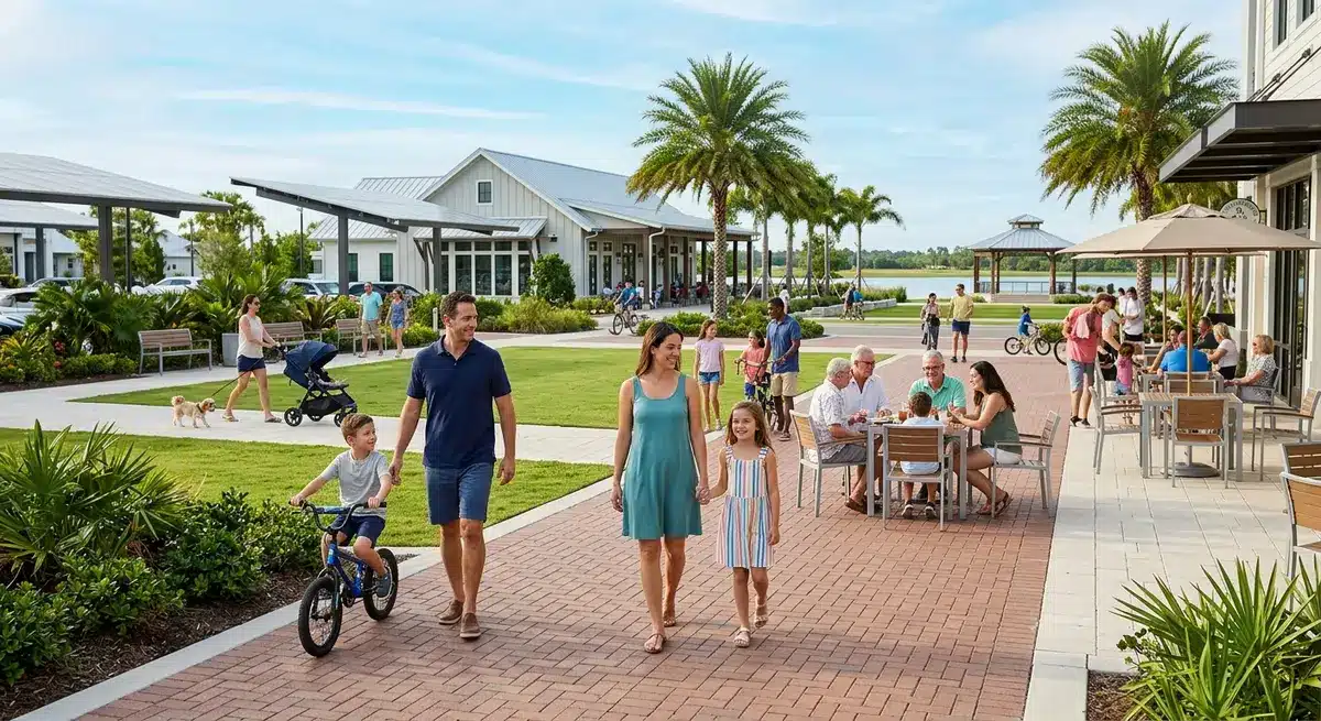 Families enjoying the amenities and walkable streets at Founder's Square in Babcock Ranch